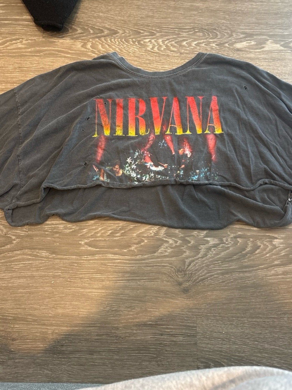 NIRVANA cropped gray Tee with Red and Yellow Gradient Logo